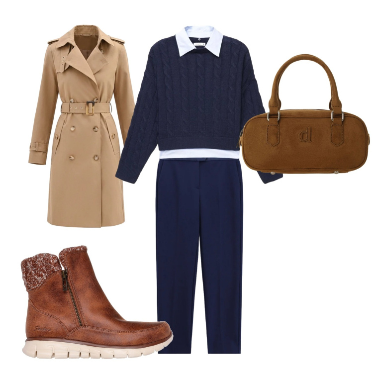 Outfit donna - Trench. Stile Casual chic per Tutti i giorni. Abbinamento con pantaloni, trench, borse a mano, maglieria, stivaletti.