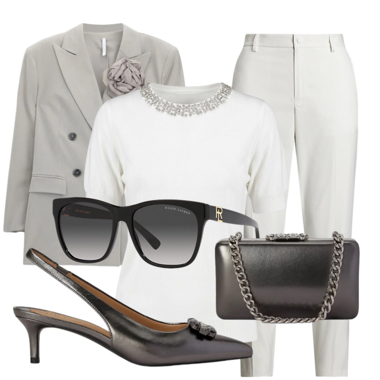 Outfit donna - La regina di Ghiaccio. Stile Bon Ton per Ufficio. Abbinamento con blazer, occhiali da sole, pantaloni, décolleté, clutch, t-shirt.