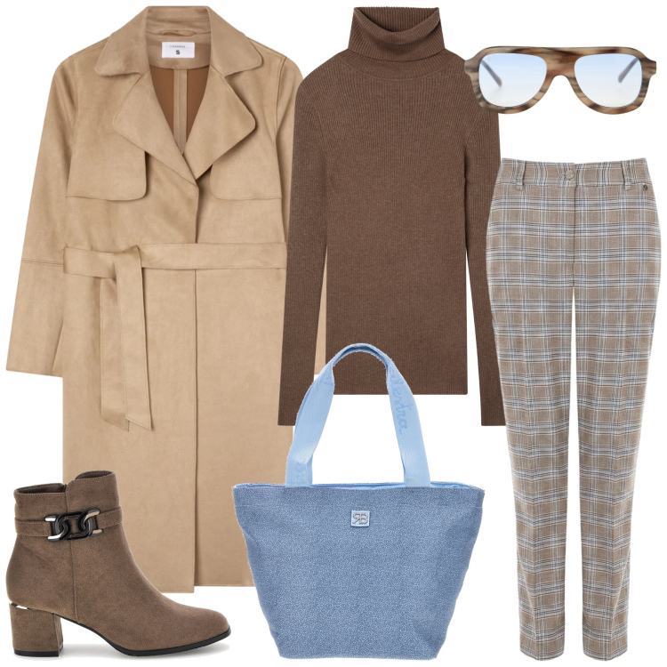 Outfit donna - Total look #2488311. Stile Casual chic per Tutti i giorni. Abbinamento con occhiali da sole, pantaloni, trench, maglieria, shopping bag, stivaletti.