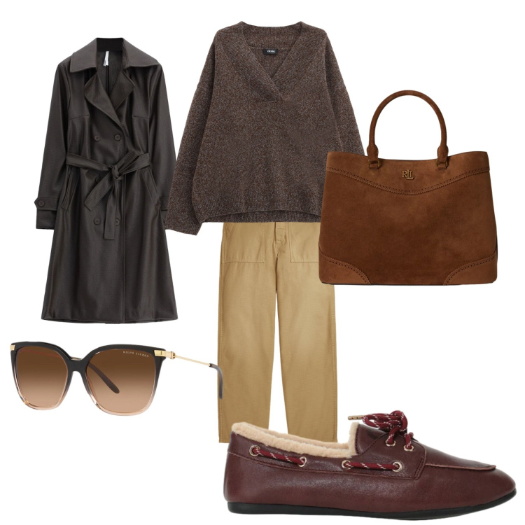 Outfit donna - Trench. Stile Casual chic per Tutti i giorni. Abbinamento con trench, occhiali da sole, borse a mano, pantaloni, maglieria, scarpe stringate.