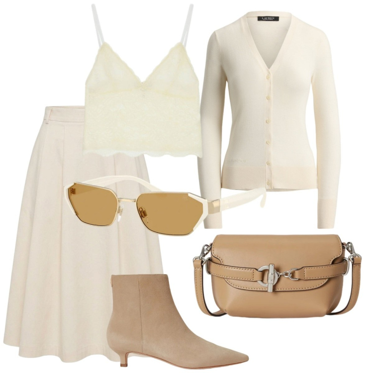 Outfit donna - In bianco. Stile Bon Ton per Tutti i giorni. Abbinamento con gonne longuette, occhiali da sole, stivaletti, borse a tracolla, cardigans, top.