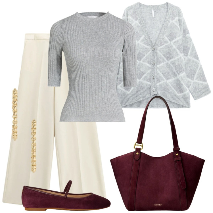 Outfit donna - Bordeaux scarpe e borsa. Stile Basic per Tutti i giorni. Abbinamento con cardigans, pantaloni a palazzo, borse tote, ballerine, orecchini, pullovers.