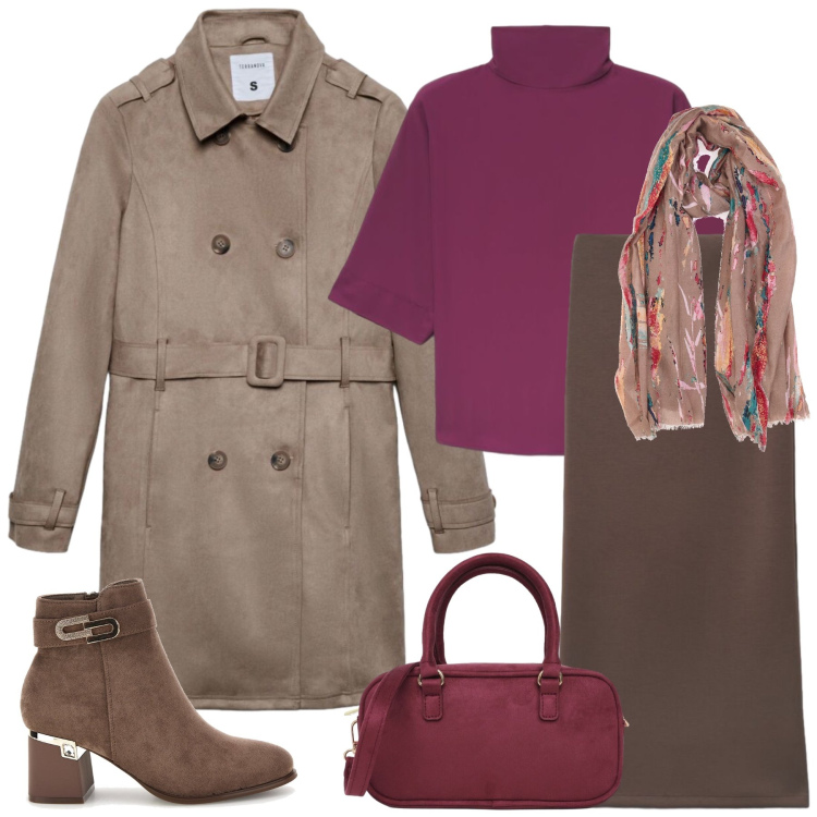 Outfit donna - Total look #2488338. Stile Casual chic per Tutti i giorni. Abbinamento con gonne lunghe, bluse, borse a tracolla, trench, foulard, stivaletti.