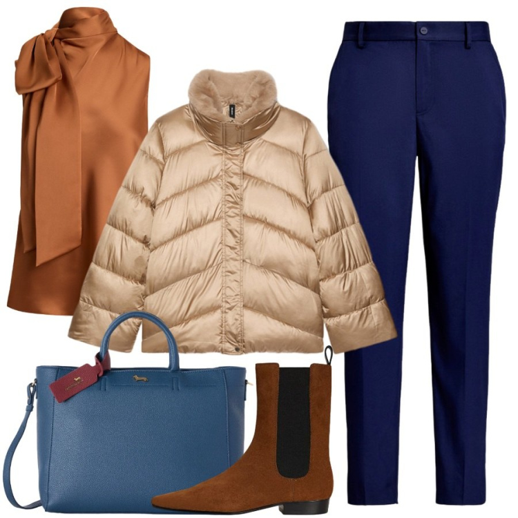 Outfit donna - Total look #2488339. Stile Trendy per Ufficio. Abbinamento con borse a mano, piumini, bluse, pantaloni, stivaletti chelsea.
