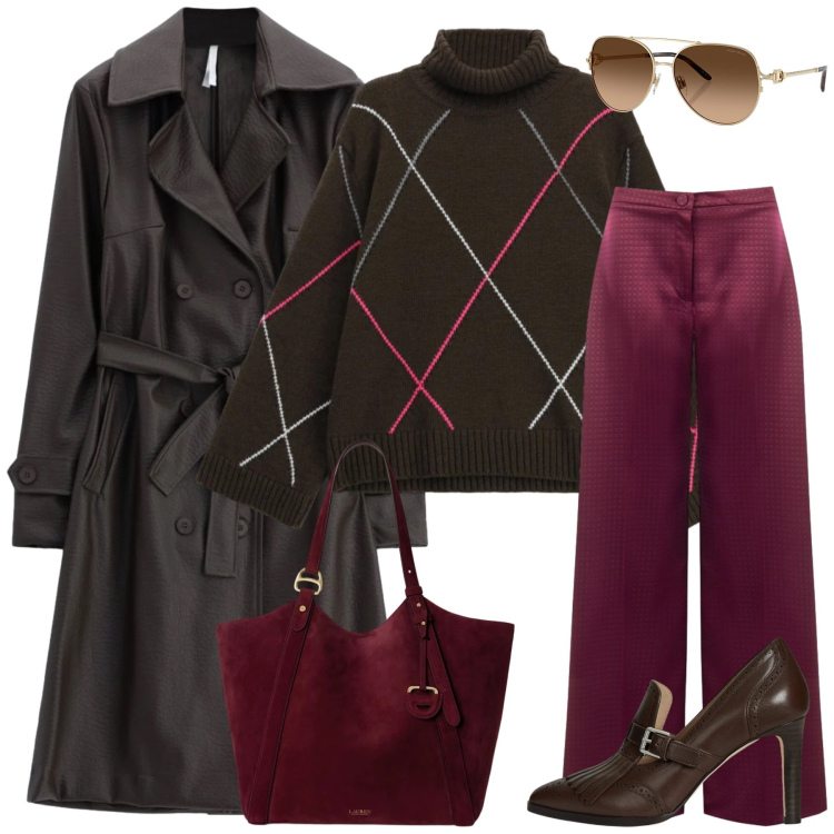 Outfit donna - Total look #2488349. Stile Casual chic per Tutti i giorni. Abbinamento con trench, pullovers, occhiali da sole, borse tote, décolleté, pantaloni a palazzo.