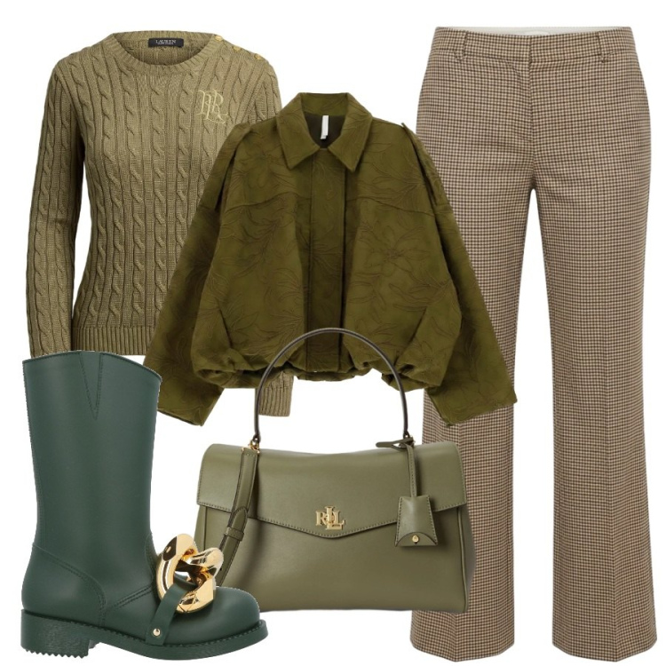 Outfit donna - La campagna inglese. Stile Sporty chic per Tutti i giorni. Abbinamento con pantaloni, bomber, borse a mano, maglieria, stivaletti.