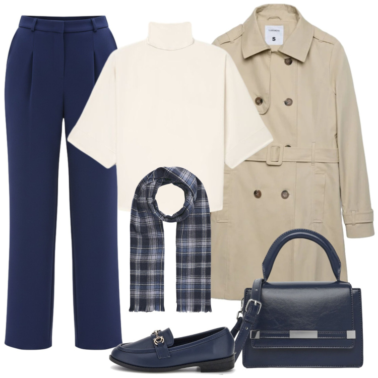 Outfit donna - I pantaloni a gamba dritta ed il trench. Stile Chic per Ufficio. Abbinamento con pantaloni, sciarpe, trench, borse a tracolla, bluse, mocassini.