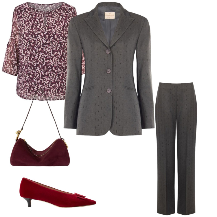 Outfit donna - Rinascimento. Stile Glamour per Ufficio. Abbinamento con borse a spalla, décolleté, bluse, blazer, pantaloni.