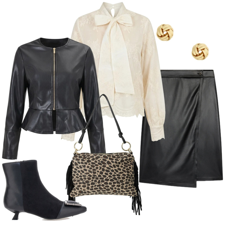 Outfit donna - Total look #2488377. Stile Rock per Serata fuori. Abbinamento con borse a spalla, gonne longuette, bluse, giacche, orecchini, stivaletti.