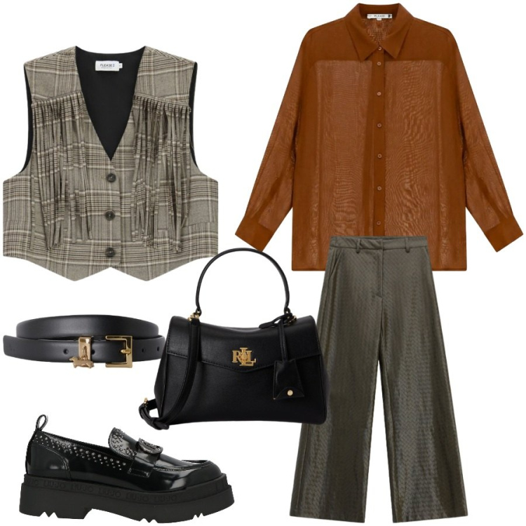 Outfit donna - Ufficio. Stile Chic per Ufficio. Abbinamento con cinture, pantaloni a palazzo, borse a mano, gilet, camicie, mocassini.