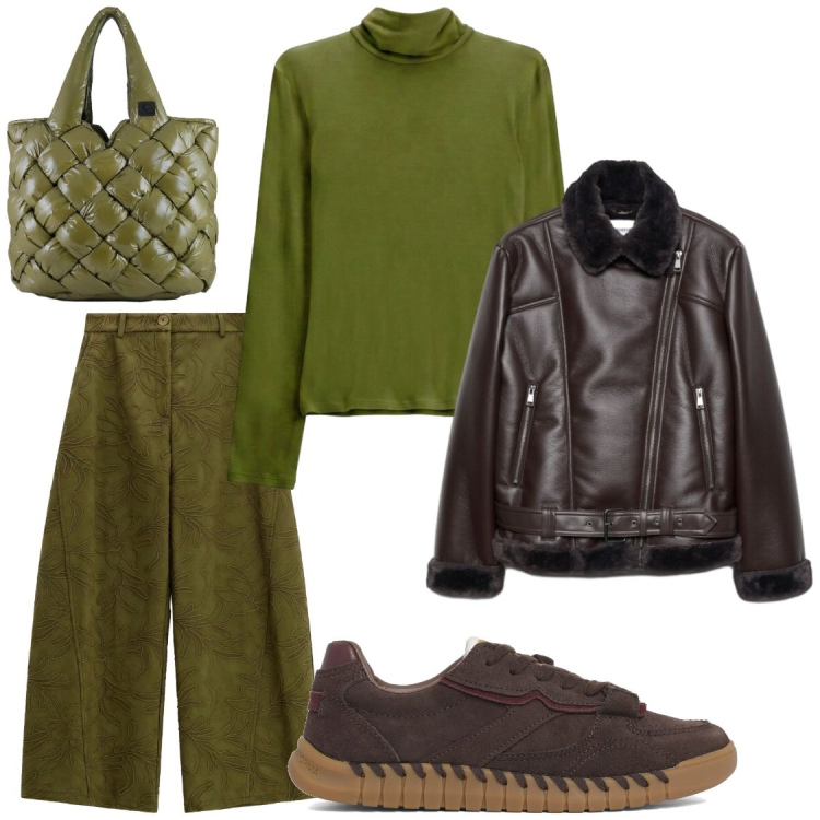 Outfit donna - Verde e cioccolato. Stile Chic per Ufficio. Abbinamento con pantaloni a palazzo, t-shirt, borse tote, giacche, sneakers.