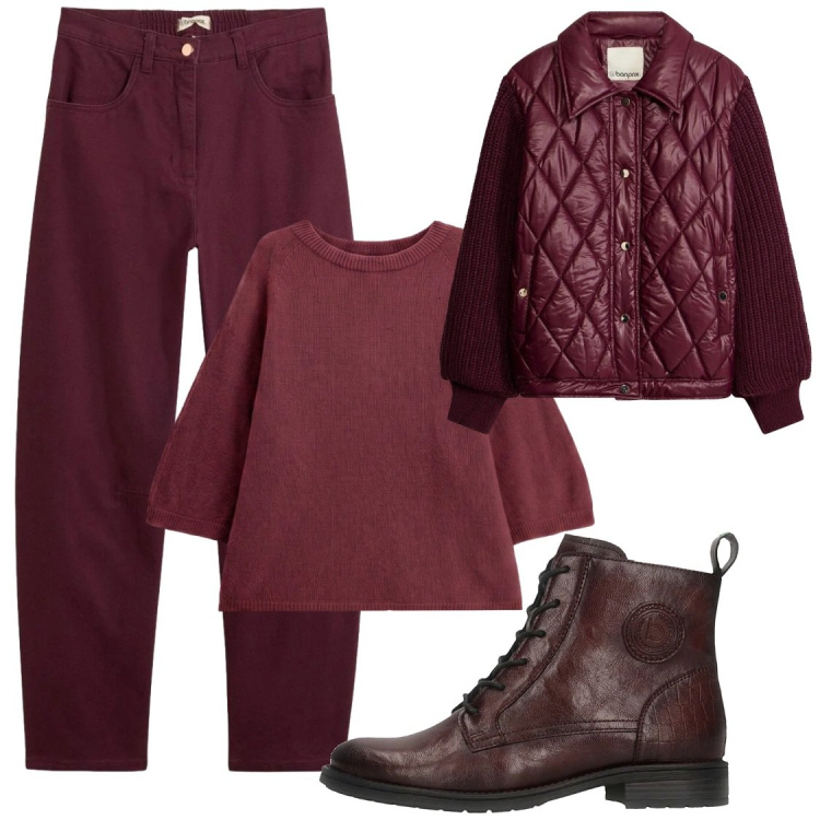 Outfit donna - Total purple. Stile Chic per Ufficio. Abbinamento con maglieria, pantaloni, bomber, anfibi.