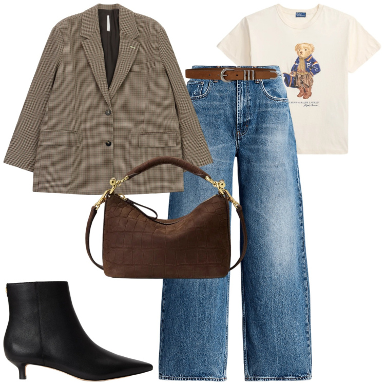 Outfit donna - Ottobre. Stile Casual chic per Tutti i giorni. Abbinamento con blazer, jeans, t-shirt, borse a spalla, stivaletti, cinture.