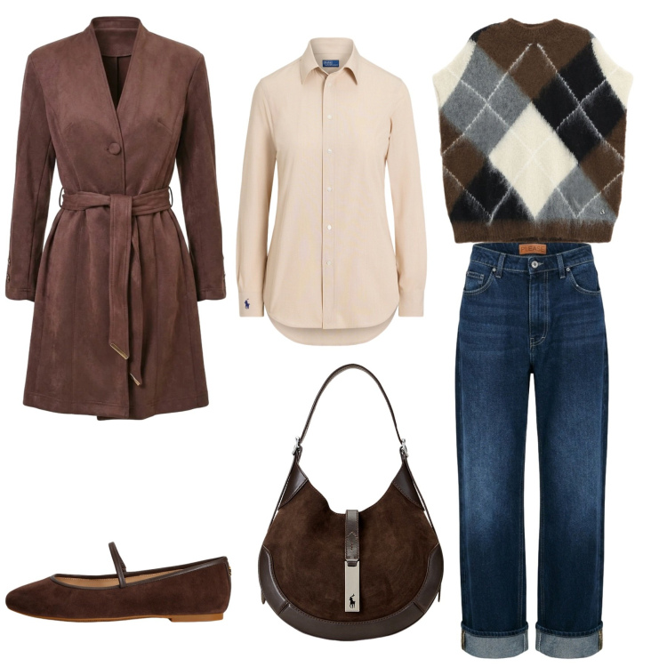 Outfit donna - Total look #2488404. Stile Urban per Ufficio. Abbinamento con borse a spalla, ballerine, camicie, jeans dritti, trench, maglieria.
