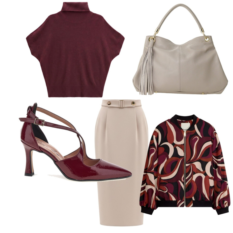 Outfit donna - Panna e amarena. Stile Casual chic per Ufficio. Abbinamento con pullovers, borse a spalla, gonne longuette, bomber, décolleté.