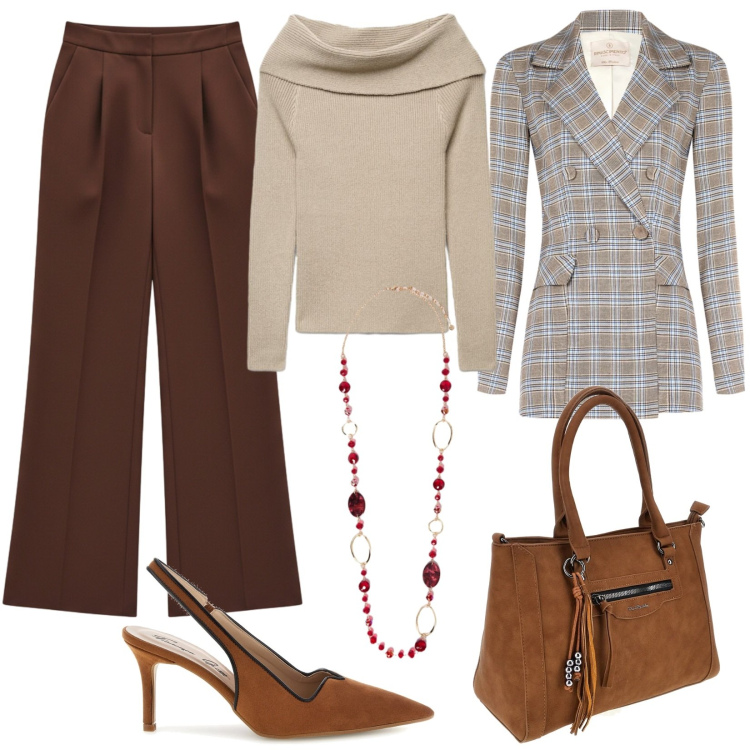 Outfit donna - Eleganza sobria. Stile Basic per Tutti i giorni. Abbinamento con collane, blazer, pantaloni a palazzo, maglieria, décolleté, borse a spalla.