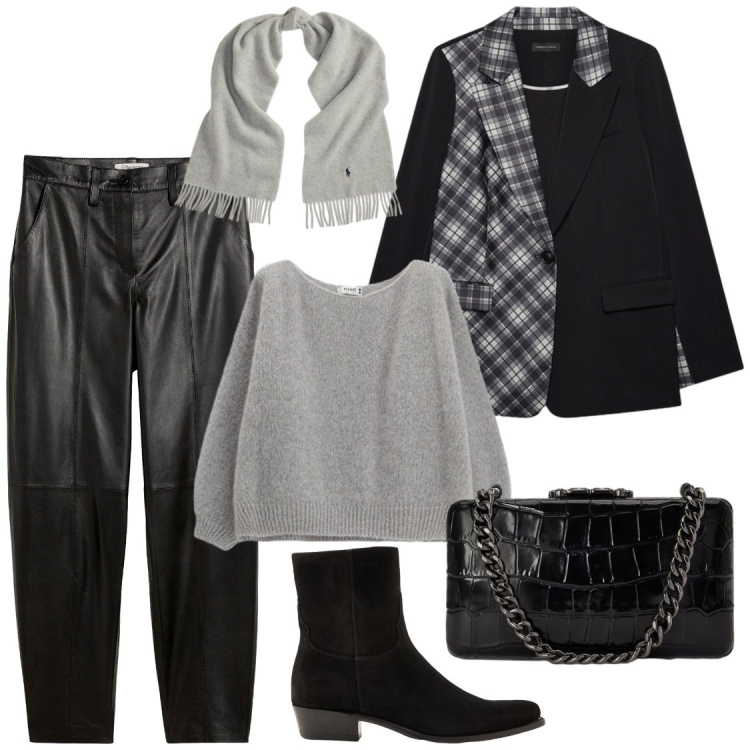 Outfit donna - In the city. Stile Chic per Ufficio. Abbinamento con blazer, sciarpe, clutch, stivaletti, maglieria, pantaloni.