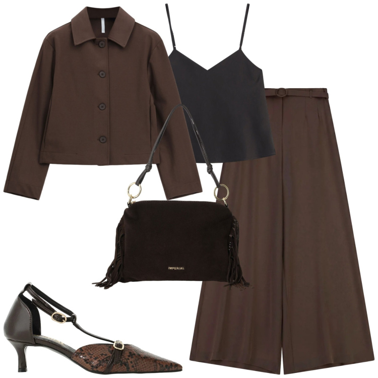 Outfit donna - Serata. Stile Glamour per Serata fuori. Abbinamento con pantaloni a palazzo, borse a spalla, cappotti, top, décolleté.