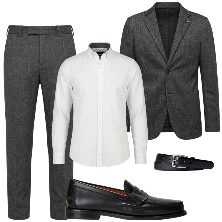 Outfit uomo - Il completo grigio scuro. Stile Business/Elegante per Ufficio. Abbinamento con camicie, pantaloni, giacche, scarpe stringate, cinture.