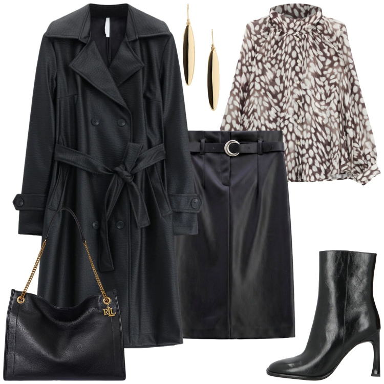 Outfit donna - Bold look aperitivo. Stile Urban per Serata fuori. Abbinamento con camicie, trench, gonne longuette, borse tote, orecchini, stivaletti.