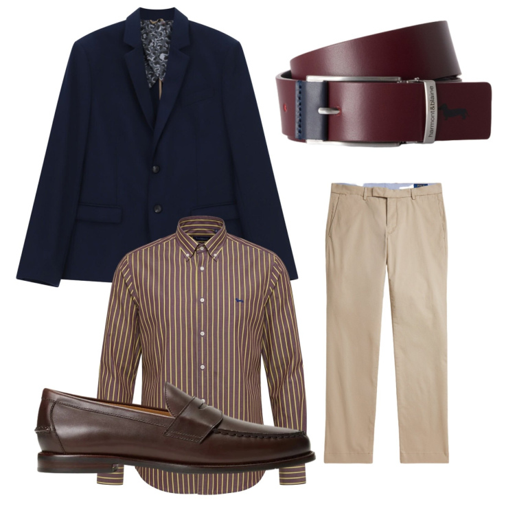 Outfit uomo - Millerighe bordeaux. Stile Business/Elegante per Ufficio. Abbinamento con cinture, camicie, giacche, scarpe stringate, pantaloni chino.
