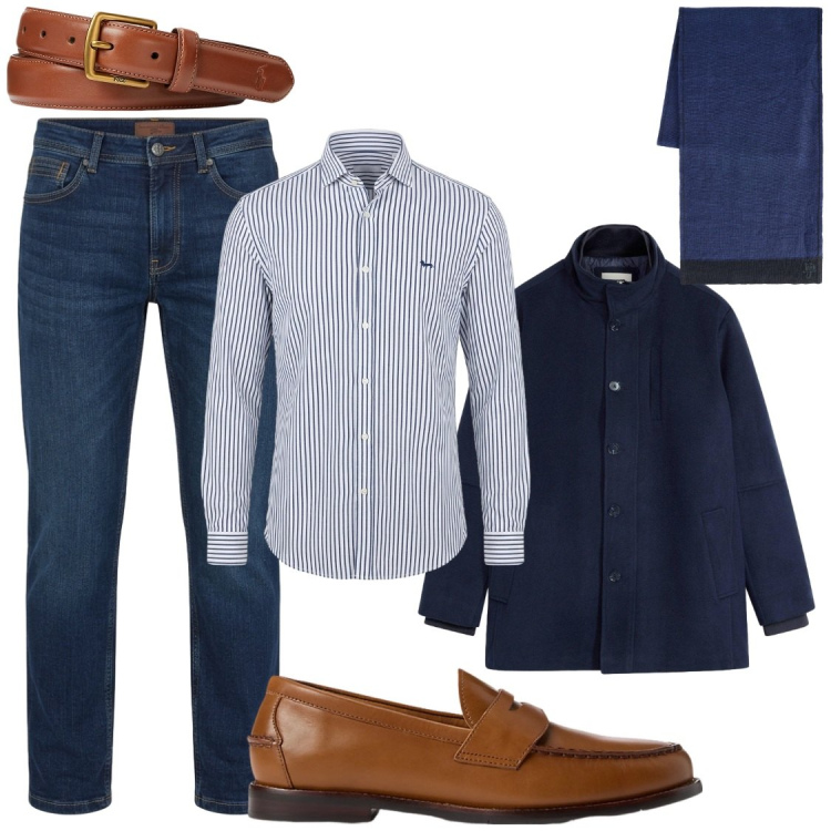 Outfit uomo - Classe in jeans. Stile Trendy per Ufficio. Abbinamento con giacche, camicie, jeans, sciarpe, cinture, scarpe stringate.