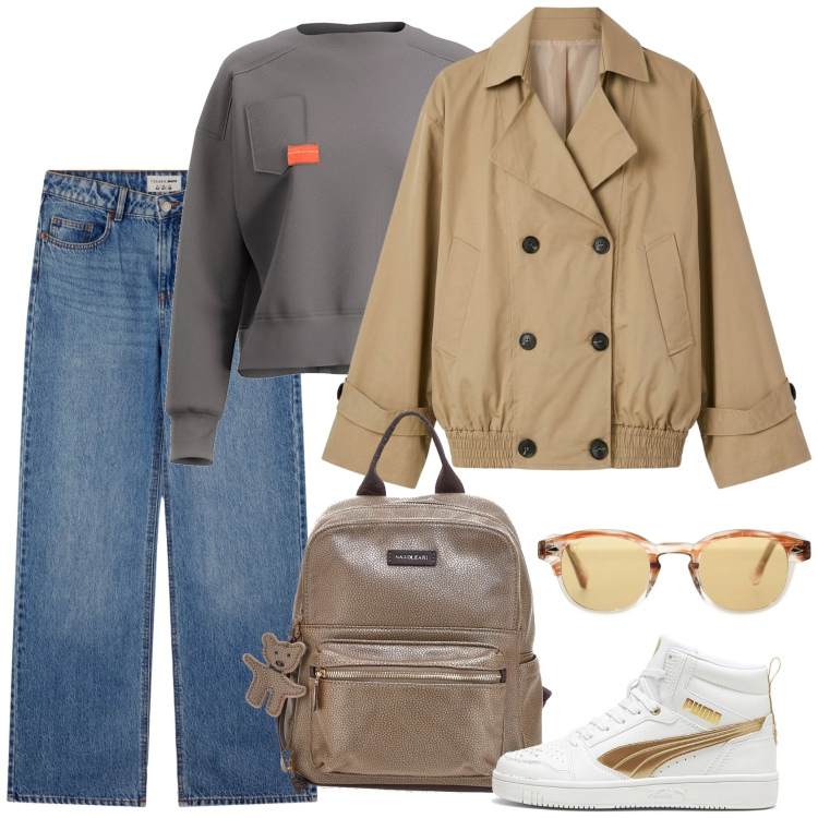 Outfit donna - Il trench è corto. Stile Casual per Scuola/Università. Abbinamento con occhiali da sole, trench, jeans, sneakers, zaini, felpe.