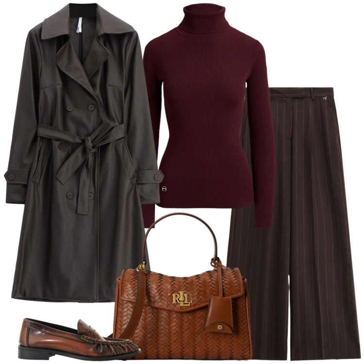 Outfit donna - Il trench. Stile Mannish per Ufficio. Abbinamento con trench, mocassini, borse a mano, pullovers, pantaloni a palazzo.