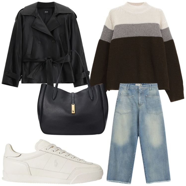Outfit donna - Trench oversize. Stile Casual per Tutti i giorni. Abbinamento con jeans, trench, maglieria, sneakers, borse tote.