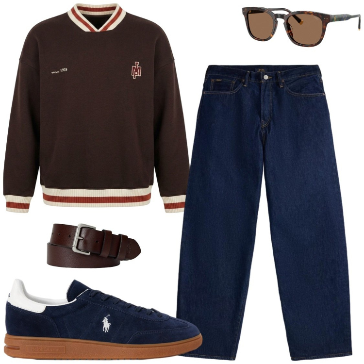 Outfit uomo - College style. Stile Trendy per Tutti i giorni. Abbinamento con felpe, cinture, occhiali da sole, jeans, sneakers.