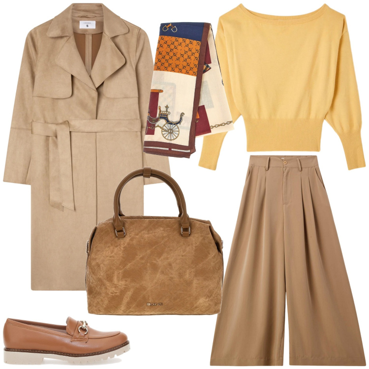 Outfit donna - Trench oversize. Stile Casual chic per Tutti i giorni. Abbinamento con pantaloni, trench, pullovers, borse a tracolla, mocassini, foulard.