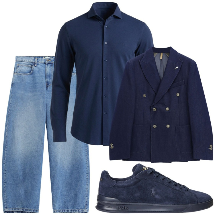 Outfit uomo - Autunno blu. Stile Trendy per Ufficio. Abbinamento con camicie, jeans, giacche, sneakers.