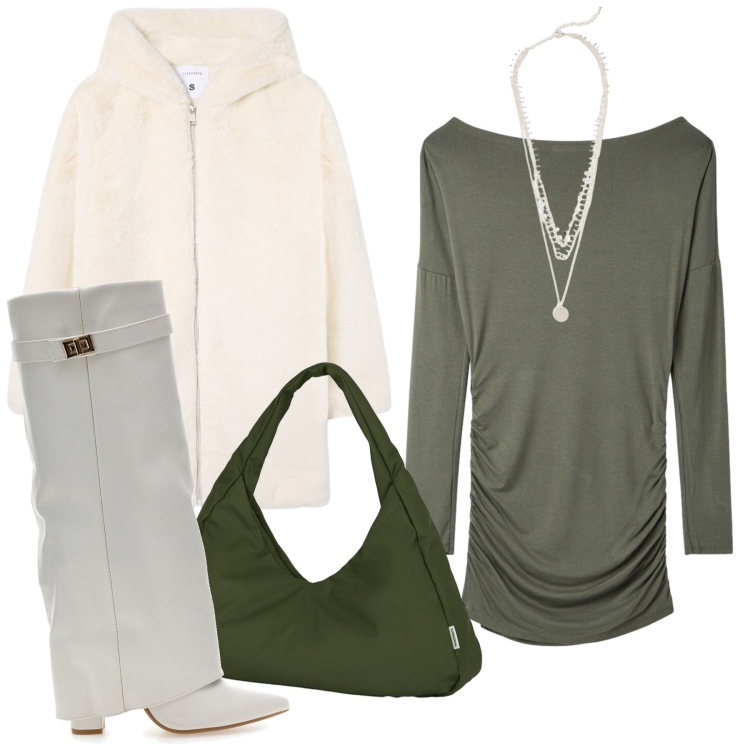 Outfit donna - Morbidi Contrasti Metropolitani. Stile Casual chic per Tutti i giorni. Abbinamento con borse a spalla, cappotti, vestiti corti, collane, stivali sopra il ginocchio.