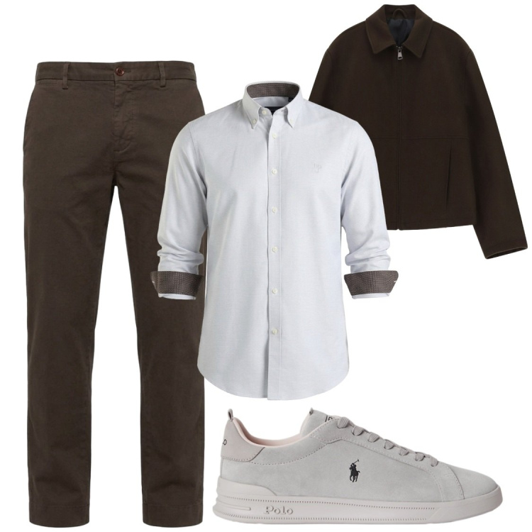 Outfit uomo - Grigio e marrone. Stile Trendy per Ufficio. Abbinamento con pantaloni, camicie, cappotti, sneakers.