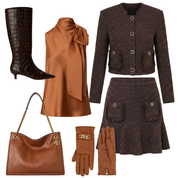 Outfit donna - Cioccolato e caramello. Stile Bon Ton per Serata fuori. Abbinamento con borse tote, bluse, stivali, minigonne, blazer, guanti.