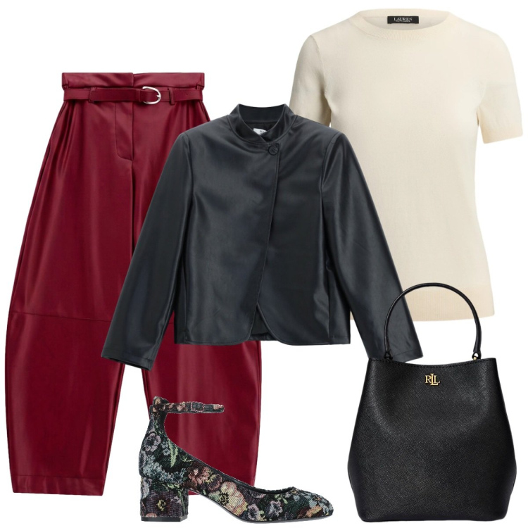 Outfit donna - Pomeriggio. Stile Basic per Serata fuori. Abbinamento con pantaloni, borse a secchiello, t-shirt, blazer, décolleté.