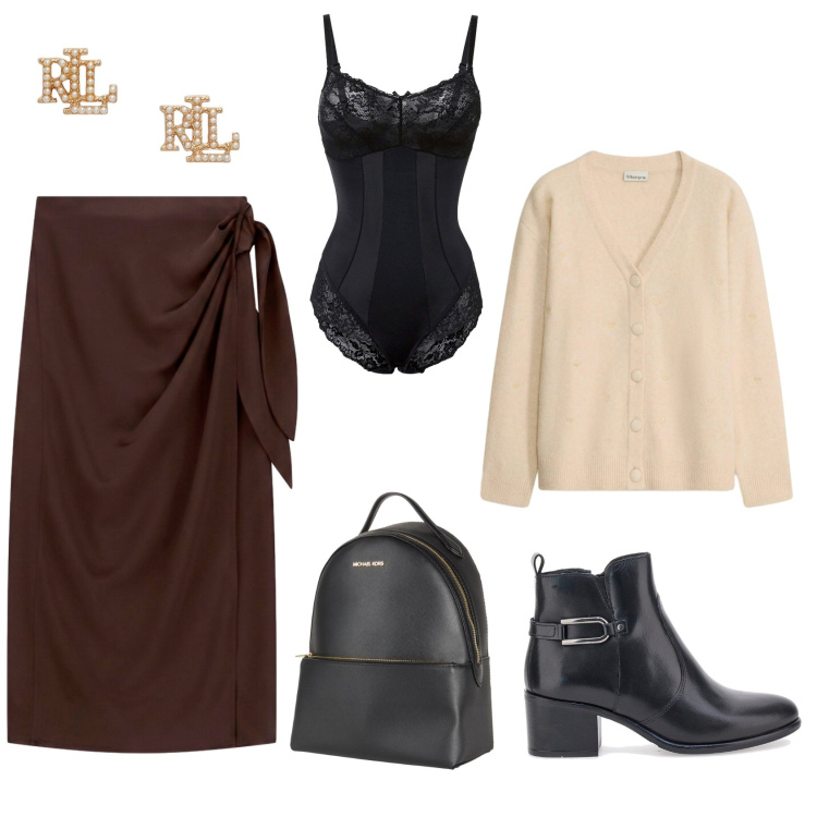 Outfit donna - Total look #2488460. Stile Glamour per Tutti i giorni. Abbinamento con zaini, body, cardigans, gonne lunghe, orecchini, stivaletti.