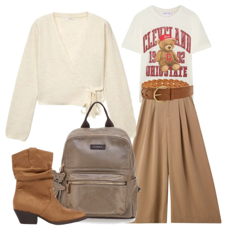 Outfit donna - Chic Autunnale Rinnovato. Stile Casual chic per Scuola/Università. look ideale per Tall. Abbinamento con t-shirt, cardigans, cinture, pantaloni, stivaletti texani, zaini.
