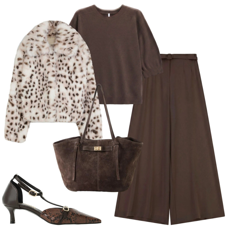 Outfit donna - Ottobre. Stile Urban per Tutti i giorni. Abbinamento con pantaloni a palazzo, décolleté, maglieria, ecopellicce, shopping bag.