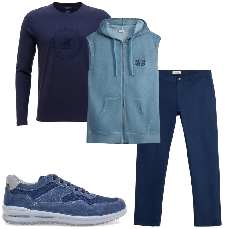 Outfit uomo - Clima mite ad ottobre. Stile Casual per Tutti i giorni. Abbinamento con gilet, pantaloni chino, sneakers, maglieria.