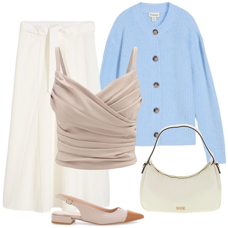 Outfit donna - Cardigan azzurro. Stile Basic per Tutti i giorni. Abbinamento con canottiere, ballerine, cardigans, borse a tracolla, gonne longuette.
