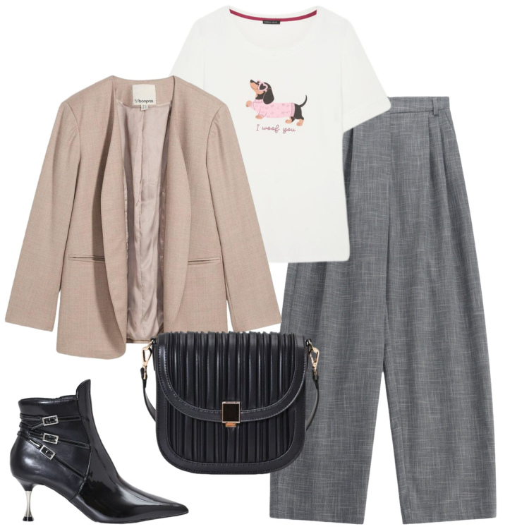 Outfit donna - City. Stile Urban per Tutti i giorni. Abbinamento con pantaloni a palazzo, t-shirt, borse a tracolla, stivaletti, blazer.