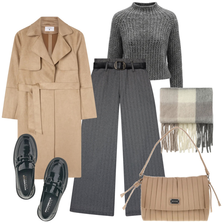 Outfit donna - Trench scamosciato. Stile Trendy per Tutti i giorni. Abbinamento con pantaloni, trench, sciarpe, maglieria, mocassini, pochette.