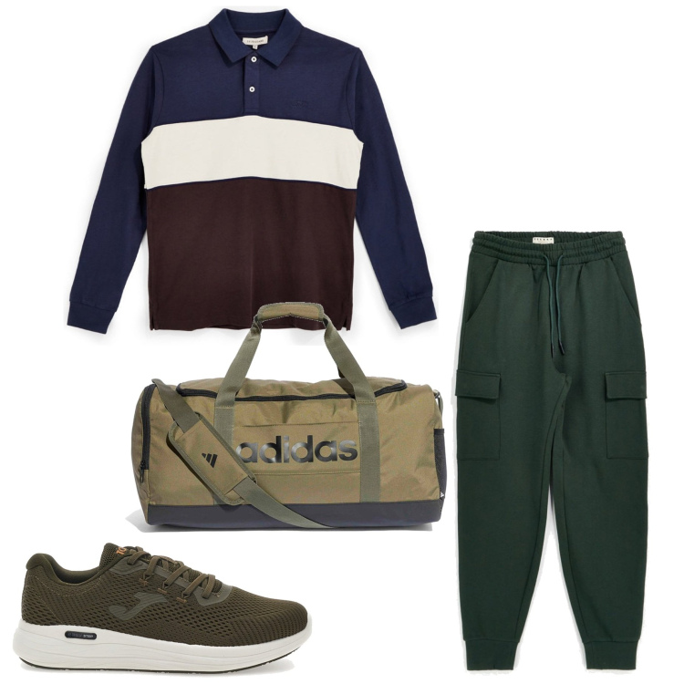 Outfit uomo - Giovedì palestra. Stile Casual per Sport. Abbinamento con sneakers, borse sportive, pantaloni cargo, polo.