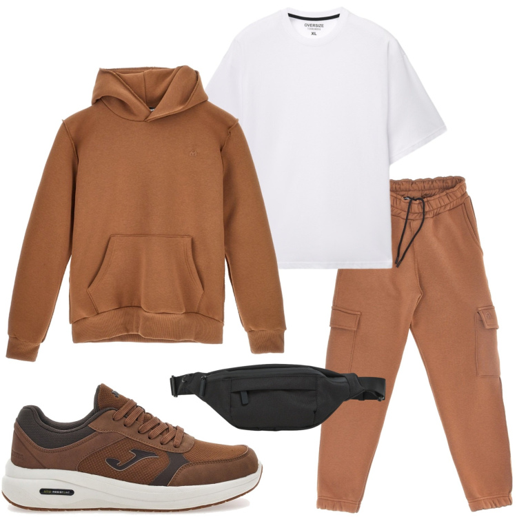 Outfit uomo - Corsa mattutina. Stile Casual per Sport. Abbinamento con t-shirt, borse sportive, sneakers, pantaloni cargo, felpe con cappuccio.