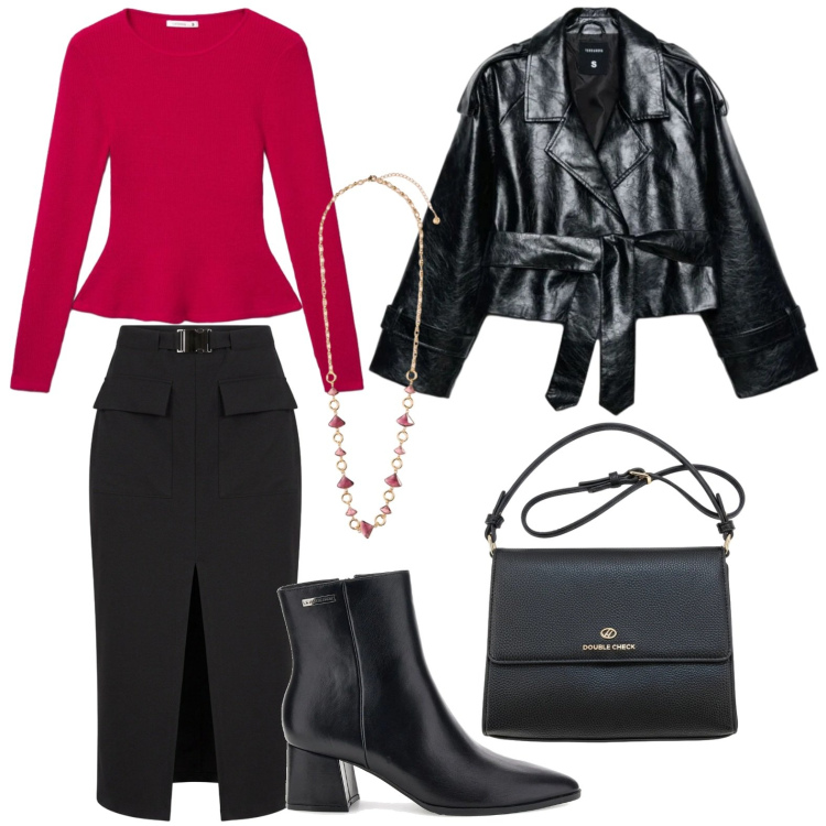 Outfit donna - Ufficio stiloso. Stile Glamour per Ufficio. Abbinamento con collane, gonne longuette, trench, maglieria, borse a tracolla, stivaletti.
