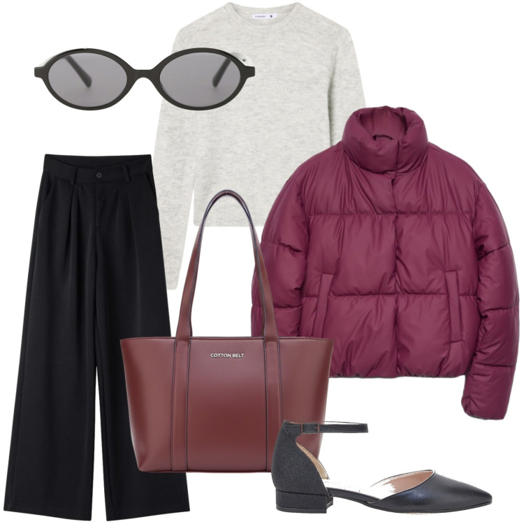 Outfit donna - School style. Stile Casual per Scuola/Università. Abbinamento con piumini, maglieria, pantaloni, occhiali da sole, ballerine, shopping bag.