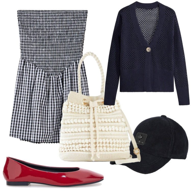 Outfit donna - Tocco romantico. Stile Casual per Tutti i giorni. Abbinamento con cappelli con visiera, vestiti corti, ballerine, cardigans, borse a secchiello.