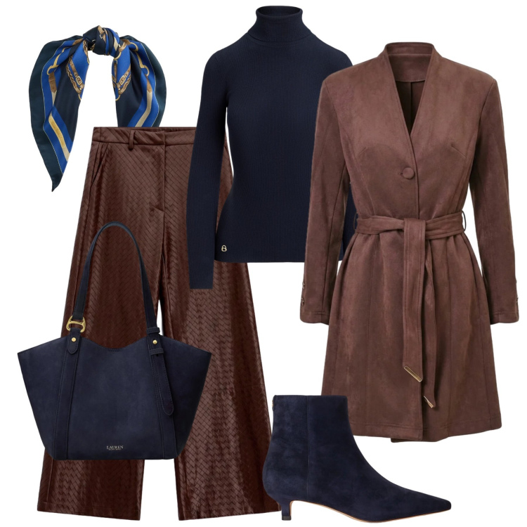 Outfit donna - Blu e marrone con il trench. Stile Glamour per Tutti i giorni. Abbinamento con pantaloni a palazzo, stivaletti, borse tote, foulard, t-shirt, trench.
