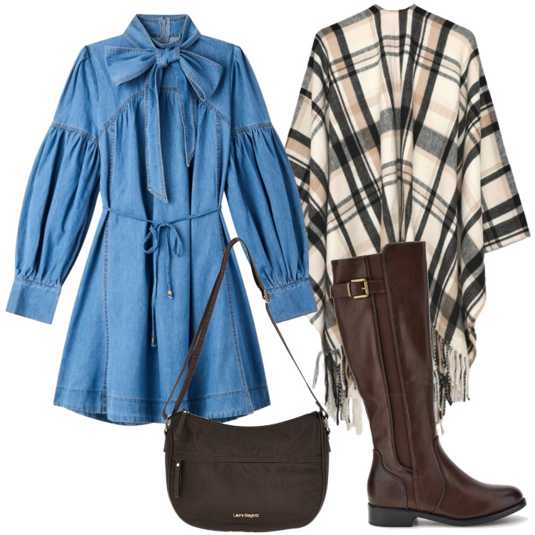 Outfit donna - Poncho style. Stile Casual per Tutti i giorni. Abbinamento con vestiti chemisier, cappe, stivali sopra il ginocchio, borse a tracolla.